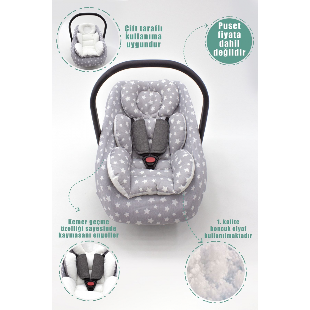 Ortopedik Bel Destekli Bebek Puset Minderi, Örtü Ve Çarşaf 3' Lü Set, Stars Serisi
