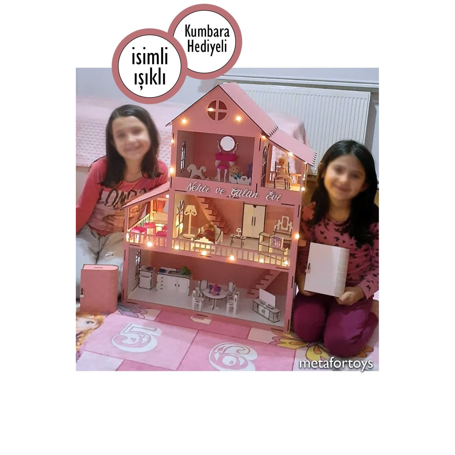 60 Cm Isimli Işıklı Ahşap Oyun Evi (PEMBE)