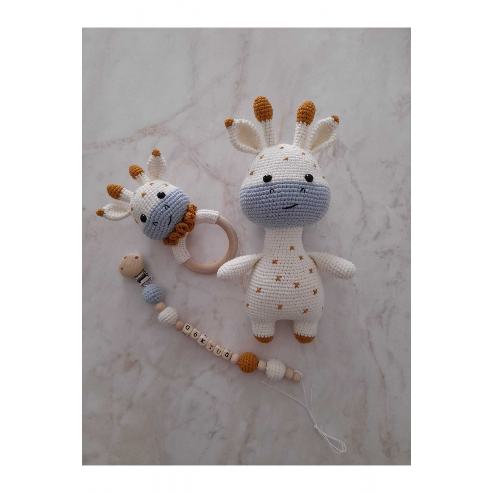 Amigurumi Yenidoğan Tatlı Zürafa Set Emzik Zinciri Çıngırak Uyku Arkadaşı