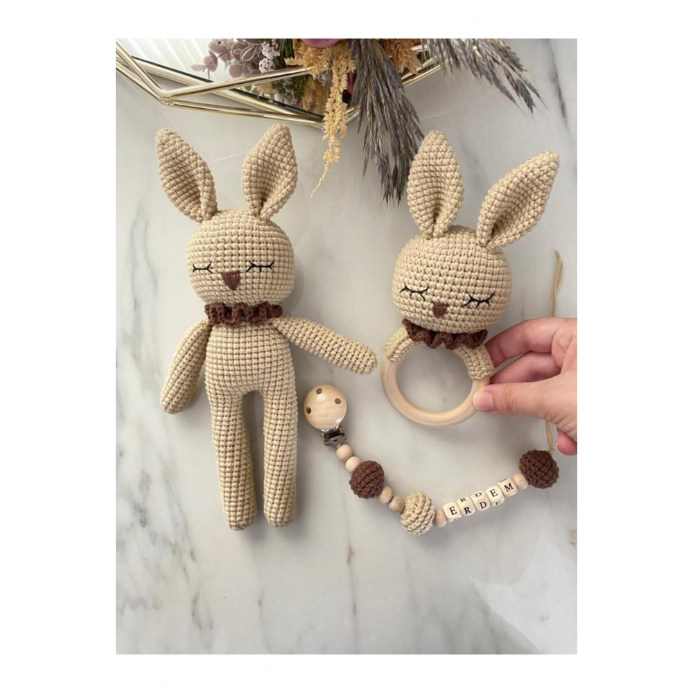 Amigurumi Yenidoğan Tavşan Uyku Arkadaşı Çıngırak Emzik Zinciri Örgü