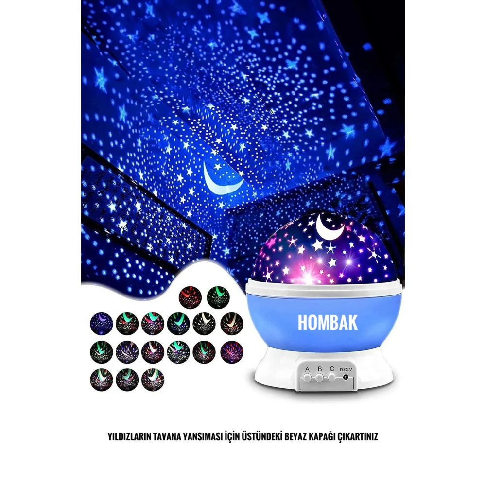 Gece Lambası Tavana Işık Yansıtan Dönen Yıldız Ay Projeksiyon Çocuk ve Genç Odası Lamba Işık Küresi