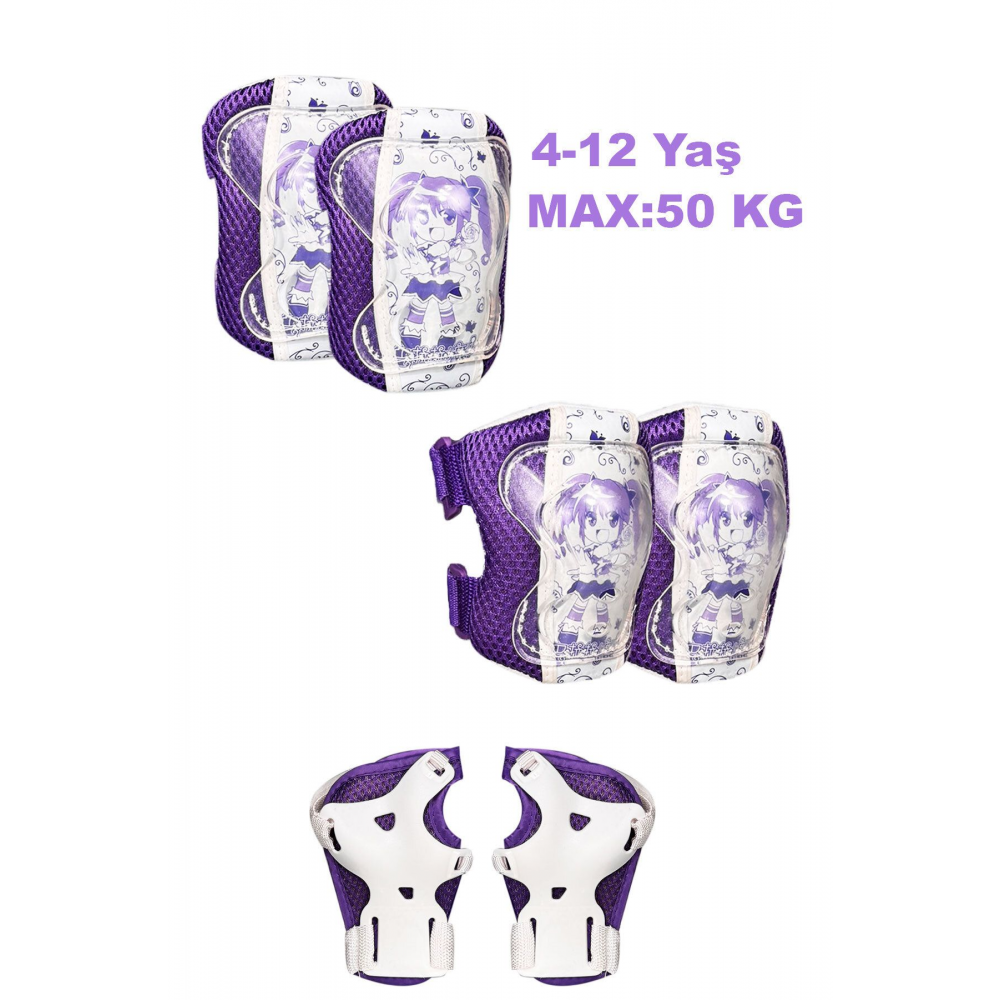 Mor Karakterli Kız Çocuk Koruyucu Donanım Seti Kaykay Bisiklet Scooter Paten için Dizlik Dirseklik E