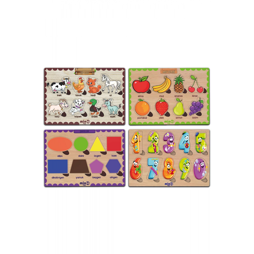 Ahşap Türkçe Ciftlik Hayv.+meyveler-sekiller-sayilar 4’lü Set Eğitici-öğretici Yapboz