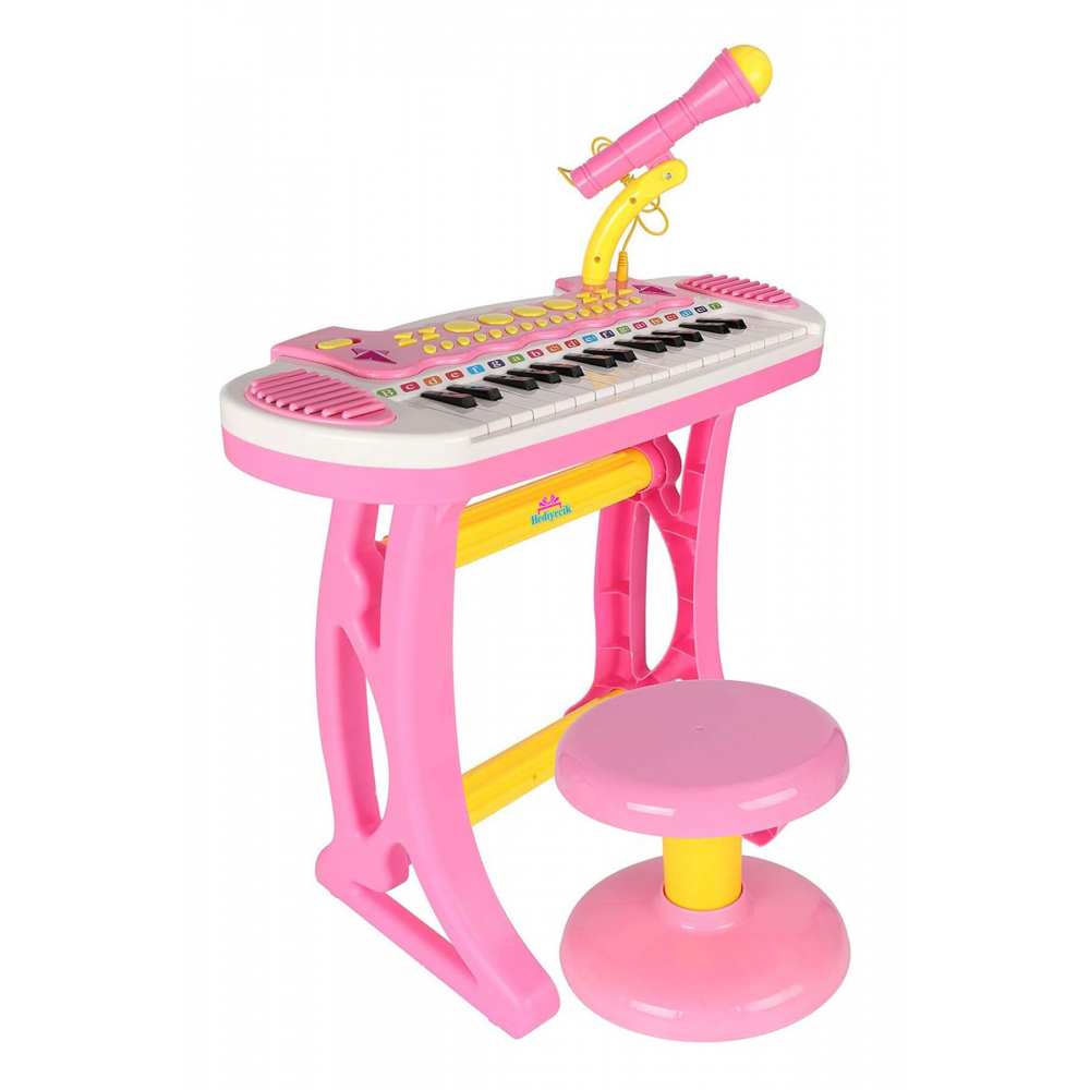 Tabureli 31 Tuşlu Mini Çocuk Piyanosu Mikrofonlu Mp3 Girişli Elektronik Pembe Piyano