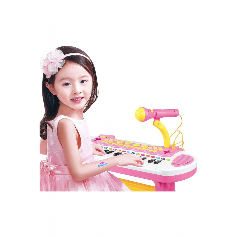 Tabureli 31 Tuşlu Mini Çocuk Piyanosu Mikrofonlu Mp3 Girişli Elektronik Pembe Piyano