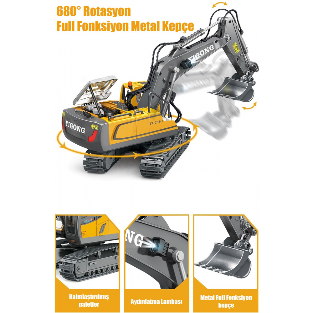 Işıklı Sesli Full Fonksiyon Metal Hareketli Kepçe 2.4ghz Uzaktan Kumandalı 680° Rotasyon Excavator