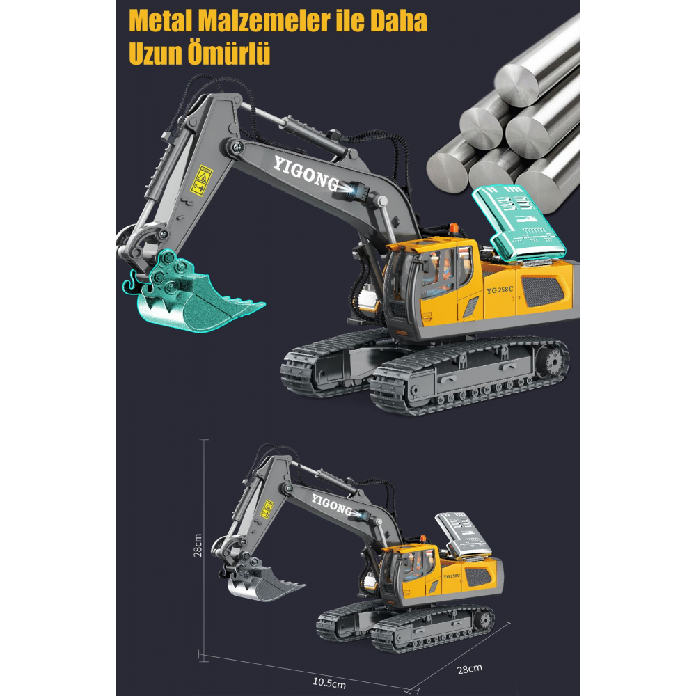Işıklı Sesli Full Fonksiyon Metal Hareketli Kepçe 2.4ghz Uzaktan Kumandalı 680° Rotasyon Excavator