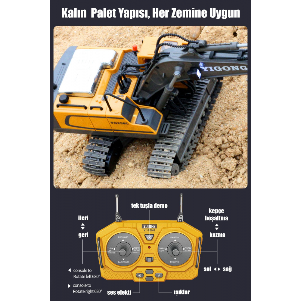 Işıklı Sesli Full Fonksiyon Metal Hareketli Kepçe 2.4ghz Uzaktan Kumandalı 680° Rotasyon Excavator