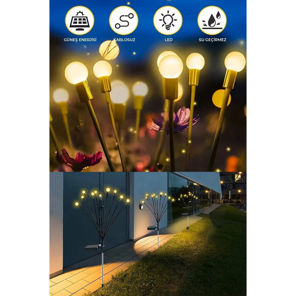 2 Adet 6 Led'li Güneş Enerjili Ateş Böceği Çiçek Lamba 12adet Led Işık