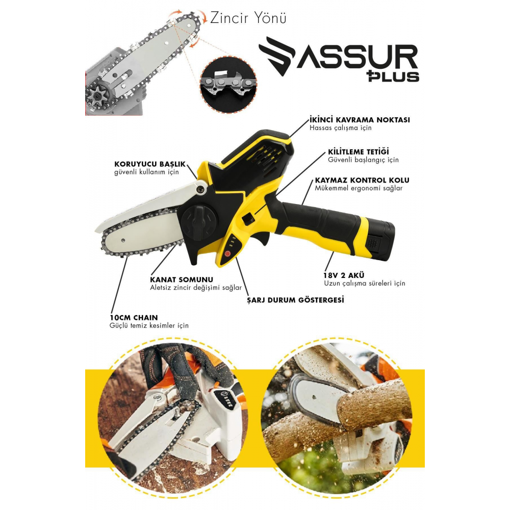 Assur Plus Akülü Bıçkı Ağaç Kesme Dal Budama Şarjlı El Testeresi Sarı Siyah