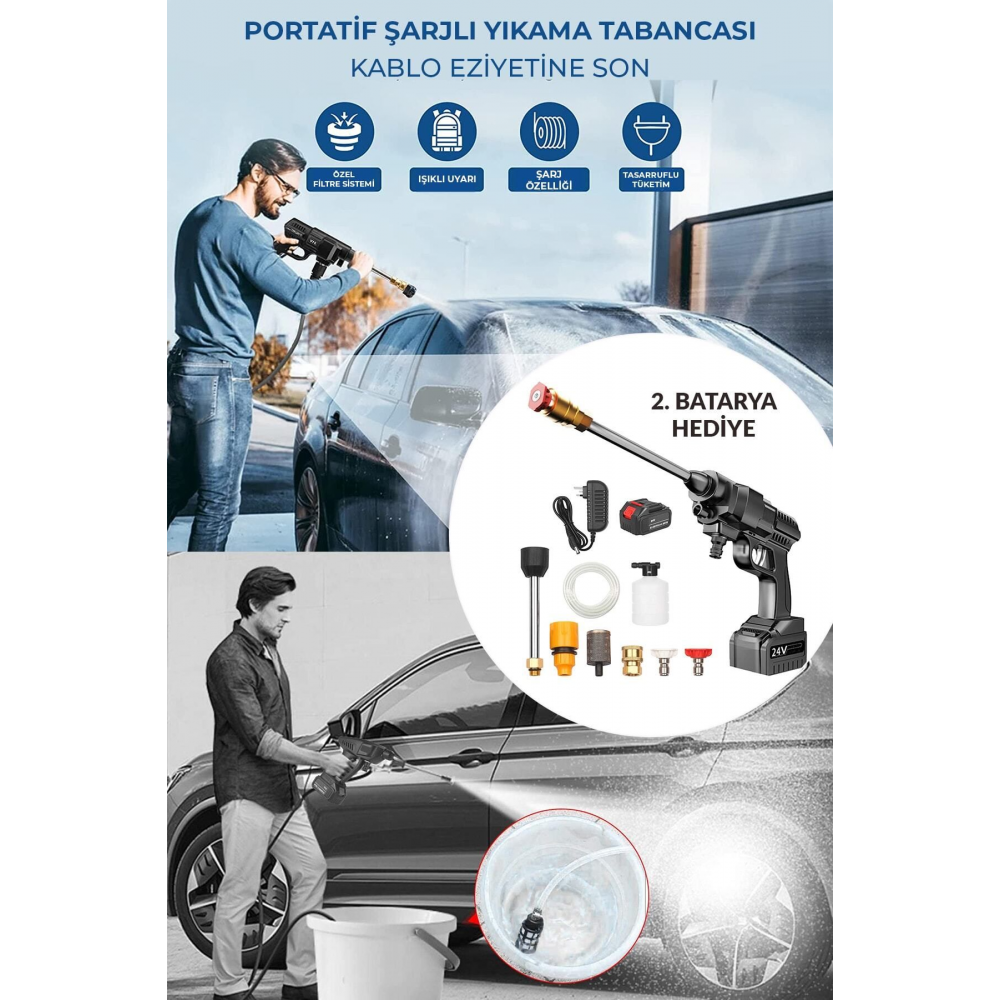 Şarjlı Ve Yüksek Basınçlı Oto Yıkama Ve Sulama Tabancası