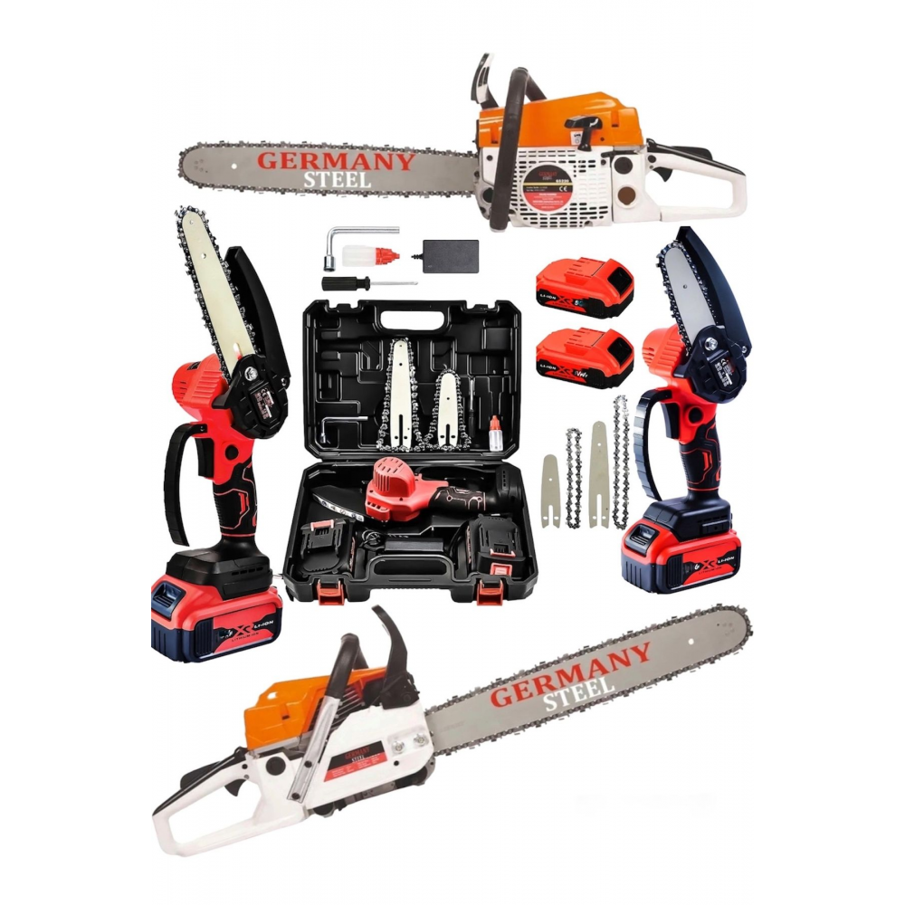 2'li Set Benzinli Testere 7.9 Hp Ağaç Odun Kesme Makinesi Motorlu 128Vf Şarjlı Dal Budama Testeresi