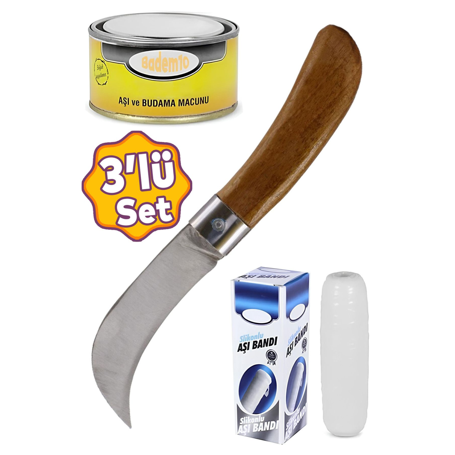 Aşı Bıçağı Eğri Uçlu Bağ Bıçağı Ara Çakı + Aşı Bandı + Aşı Macunu (3'LÜ SET)