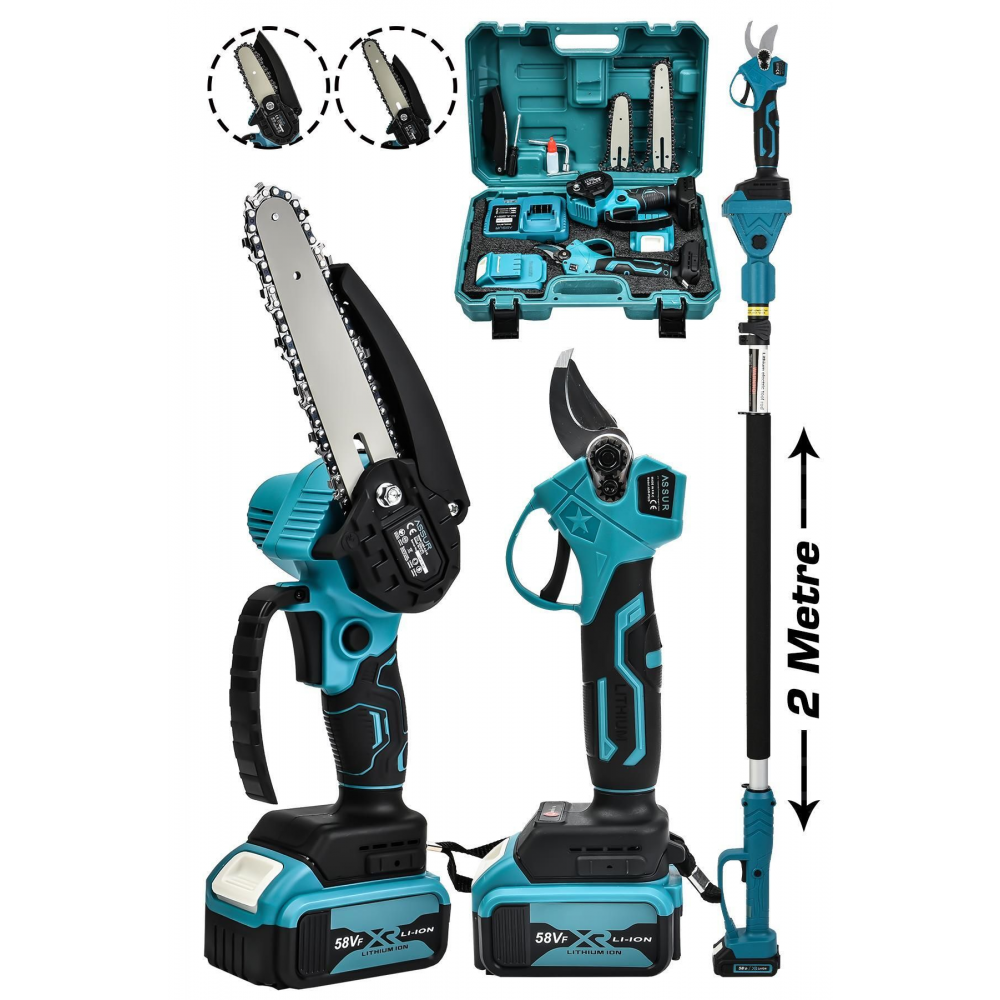 2'li Süper Set Çift Akülü Teleskopik Kollu Bağ Makası ve Budama Testeresi Makinesi Mavi