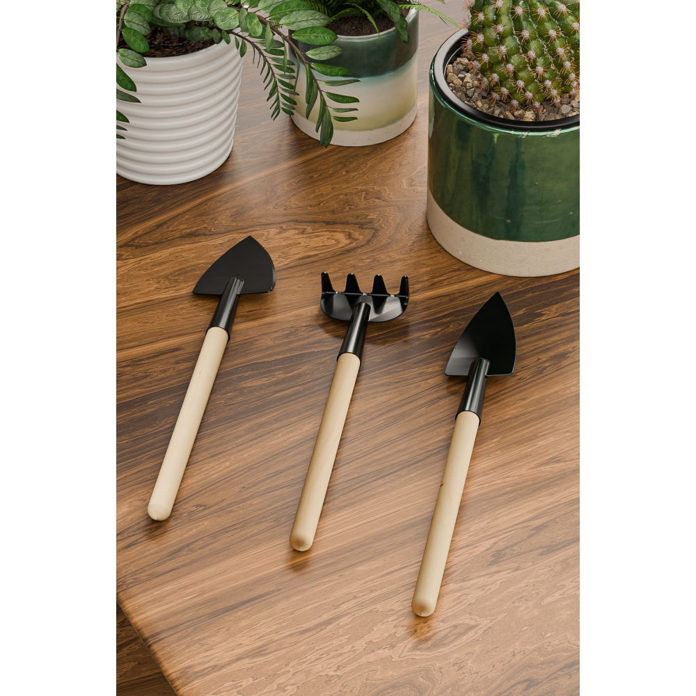 Kaktüs Dikim Seti 3 Parça Bambu Saplı Metal Mini Kürek Çiçek Bakım Seti Kök Sökücü