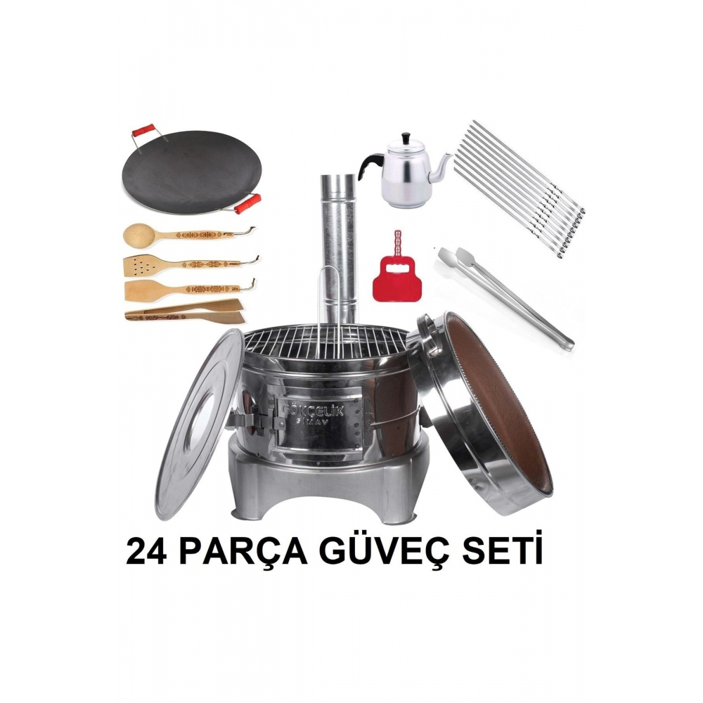 24 Parça Krom Güveç Seti Toprak Tandır Kavurma Sacı Soba Çaydanlık Mangal Çaydanlık şişler