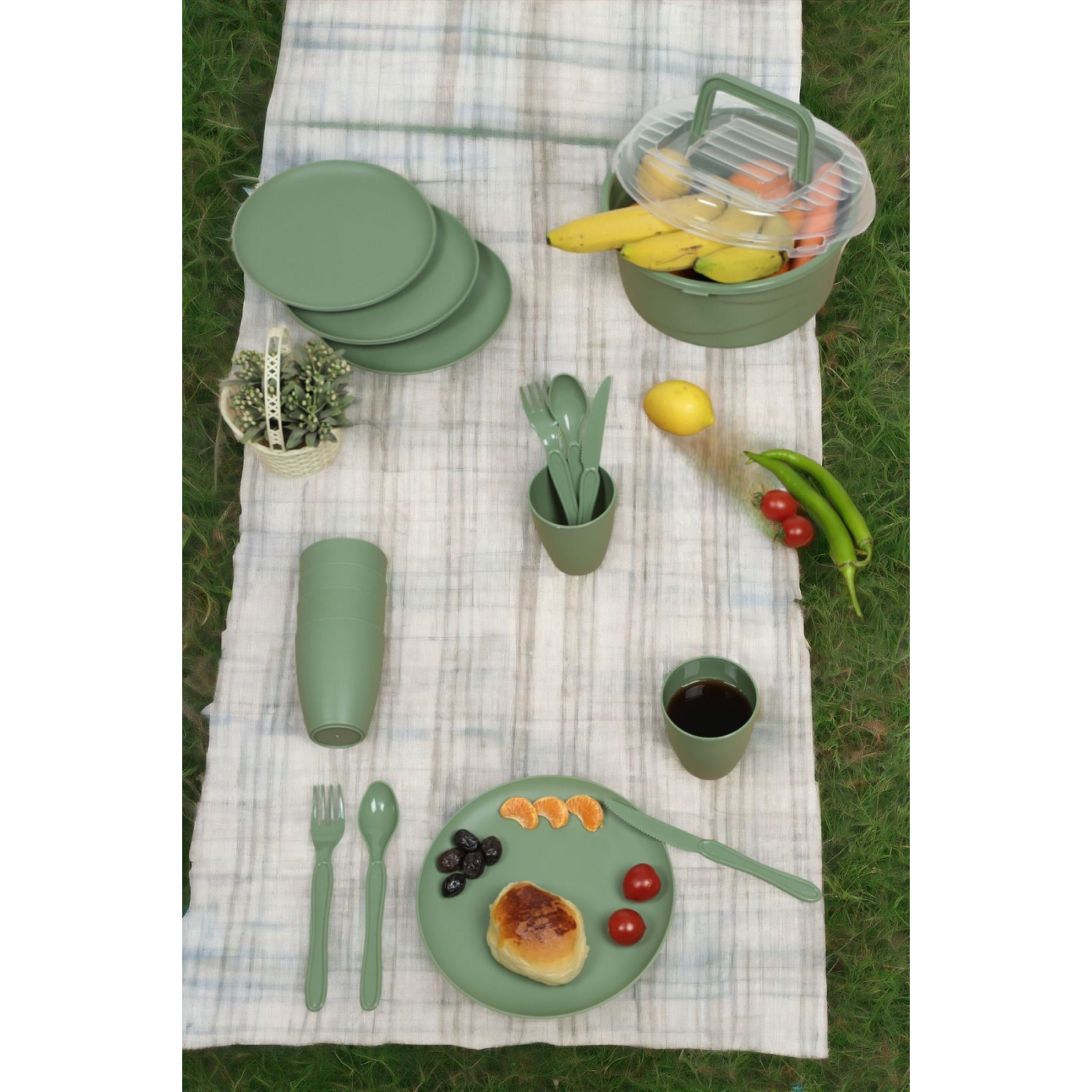 6 Kişilik 32 Parça Piknik Seti Plastik Bardak Çatal Kaşık Bıçak Yemek Kahvaltı Takımı-Yeşil