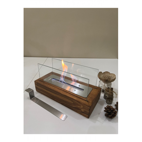 Ahşap Meşe Rengi Masa Üstü Şömine Sertifikalı Yakıt Ve Dekoratif Taş