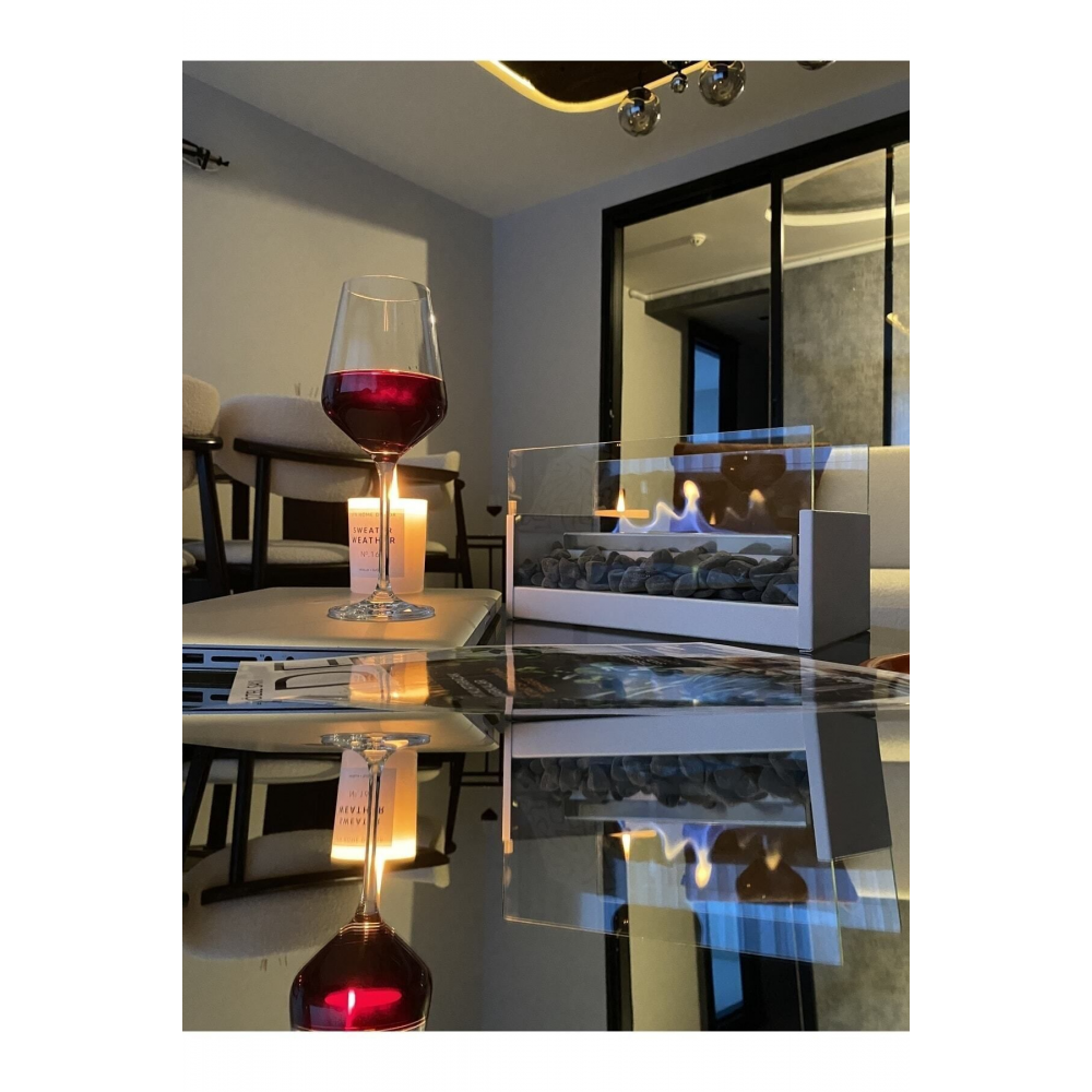 Masa Üstü Şömine Beyaz Yk - Siyah Taşlı , Mobilya Üstü Yakıt Hediyeli