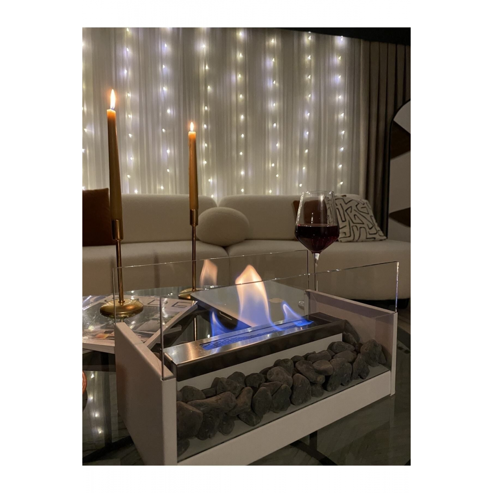 Masa Üstü Şömine Beyaz Yk - Siyah Taşlı , Mobilya Üstü Yakıt Hediyeli