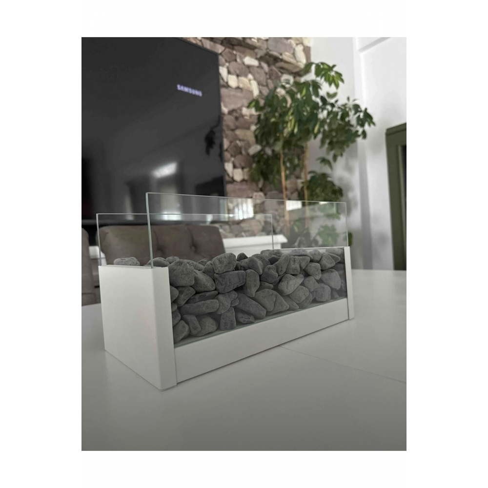 Masa Üstü Şömine Beyaz Yk - Siyah Taşlı , Mobilya Üstü Yakıt Hediyeli