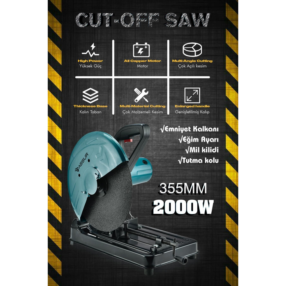 Germany 2000 W 355 mm Bakır Sargılı Metal Şanzıman Profesyonel Profil Metal Kesme Makinesi