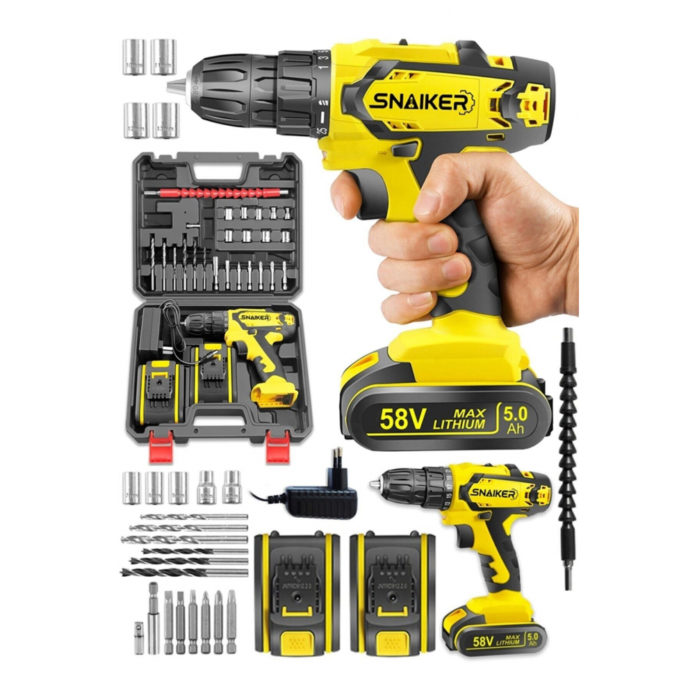 Alman 58 V 5 Ah Cooper Darbeli Çift Metal Şanzuman Bakır Sargili Şarjlı Çift Akülü Vidalama Matkap