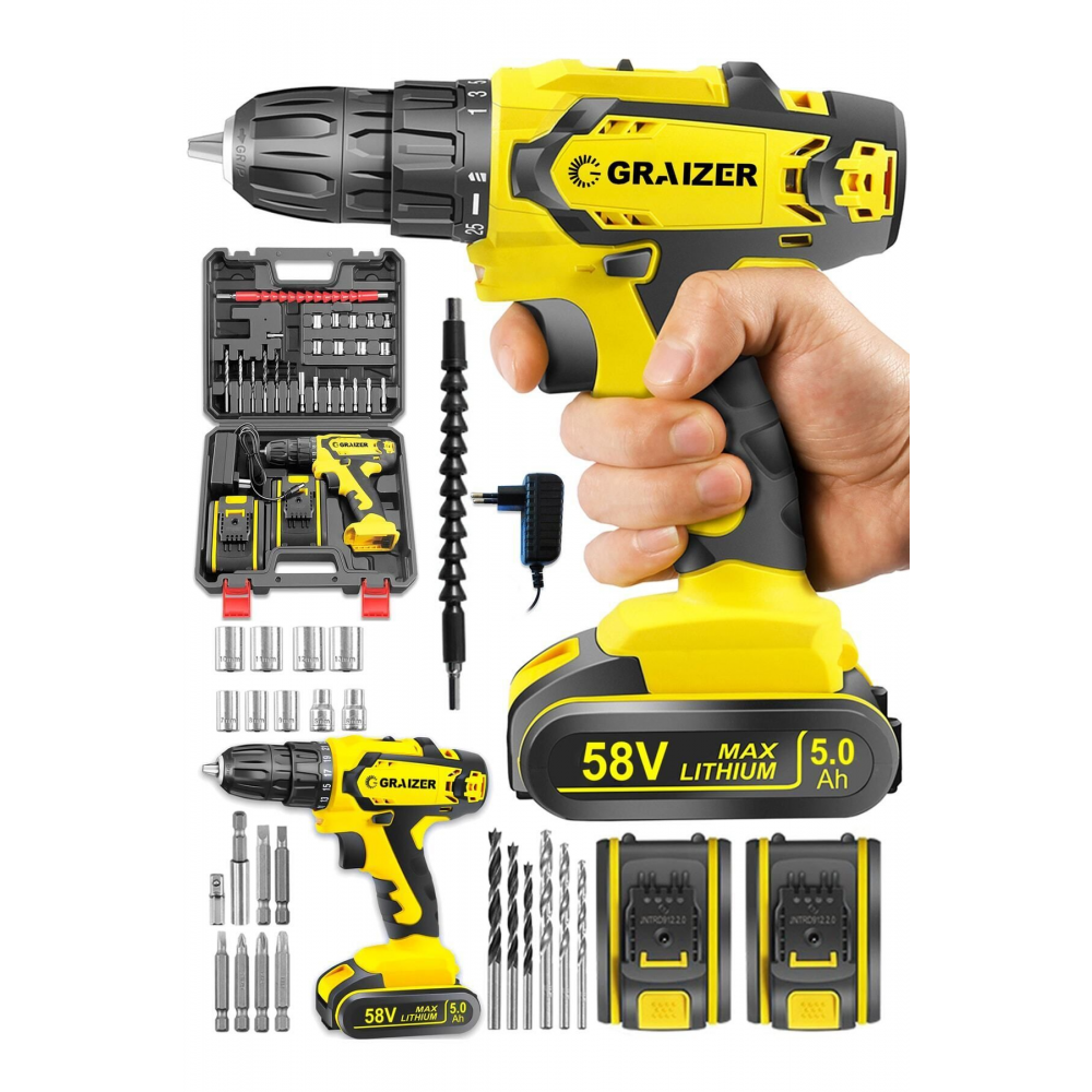 Alman 58 V 5 Ah Darbeli Metal Dişli Şanzuman Çift Akülü Şarjlı Vidalama Matkap 24 Parça Set