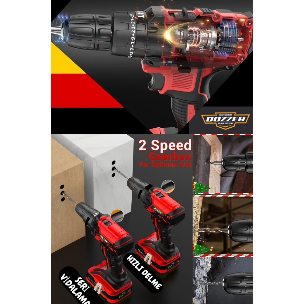 Alman Hard-x 256 Vf 20ah Çelik Şanzuman Bakır Sargılı 2 Akülü Vidalama Matkap Şarjlı Matkap