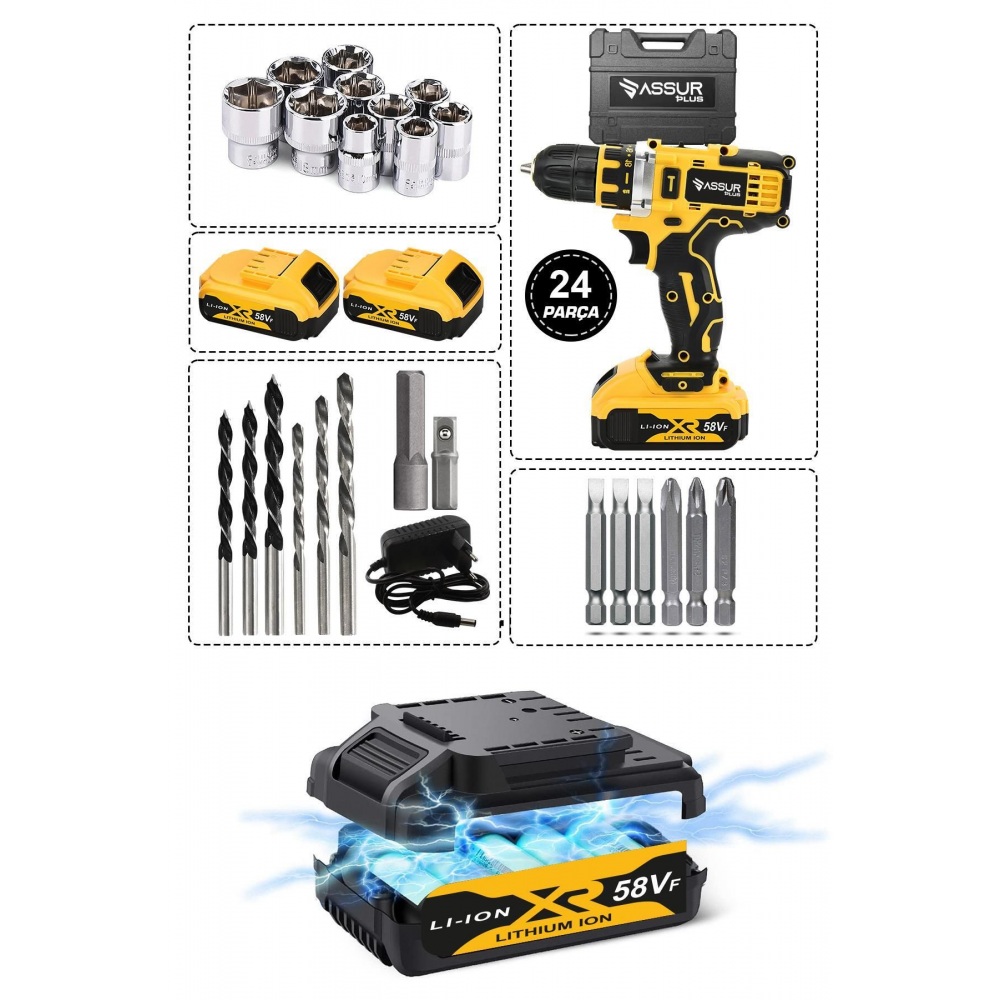 Assur Plus Matkap 58vf 5ah Li Sjs Çift Metal Şanzuman Çift Akülü Şarjlı Matkap 24 Parça Set Hediyeli
