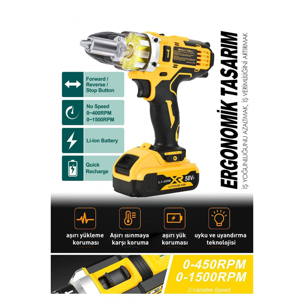 Assur Plus Matkap 58vf 5ah Li Sjs Çift Metal Şanzuman Çift Akülü Şarjlı Matkap 24 Parça Set Hediyeli