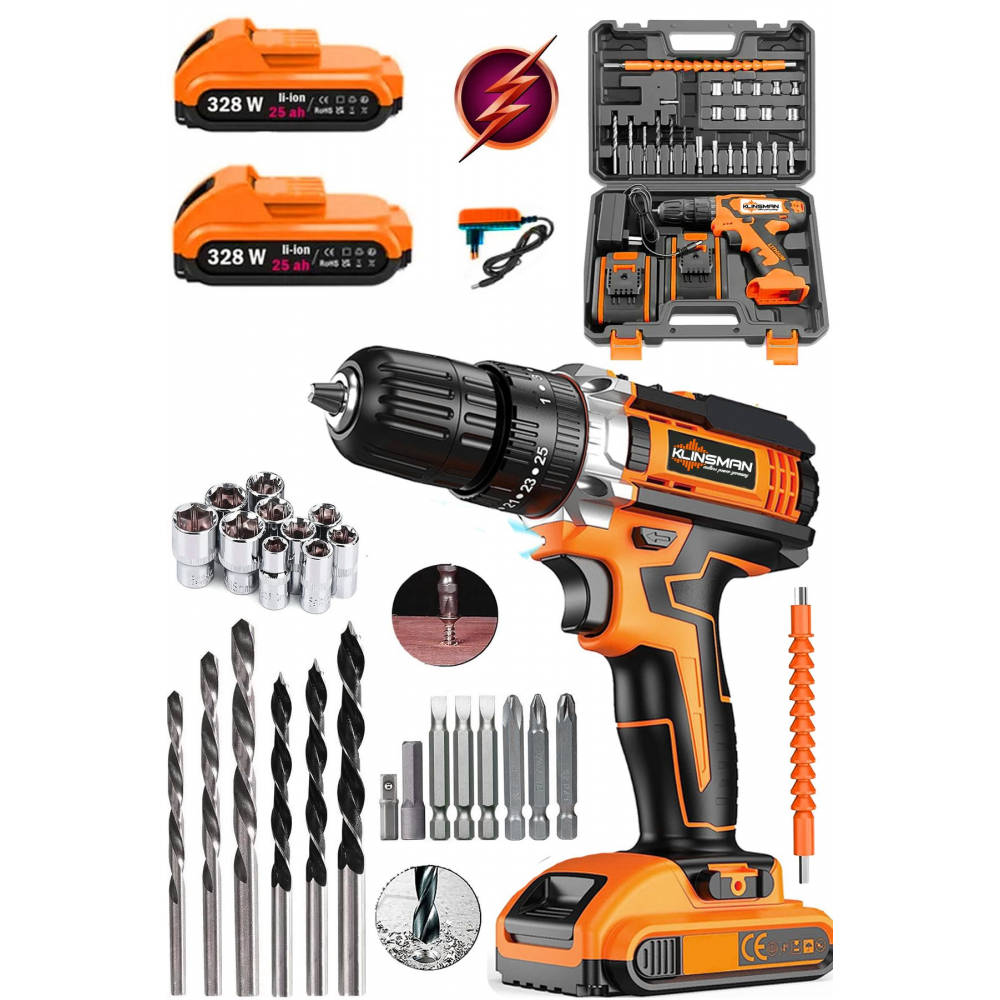 Germany 328 W 25 Ah trn 18 Kademe Tork Bakır Sargılı Çift Akülü Şarjlı Matkap Vidalama 27 Parça Set