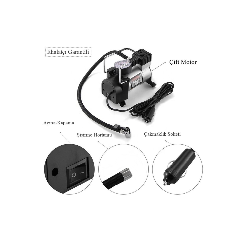 Metal Araç Oto Lastik Şişirme Pompası Hava Pompası Taşınabilir 12V 150 PSİ Çakmaklık Girişli