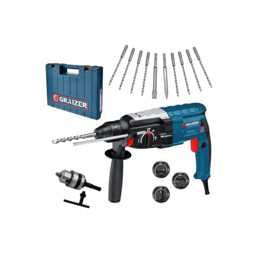 Alman 3000 Watt Kırıcı Delici Metal Dişli Şanzuman Hilti Darbeli Matkap + 10 Uç Hediyeli Gri