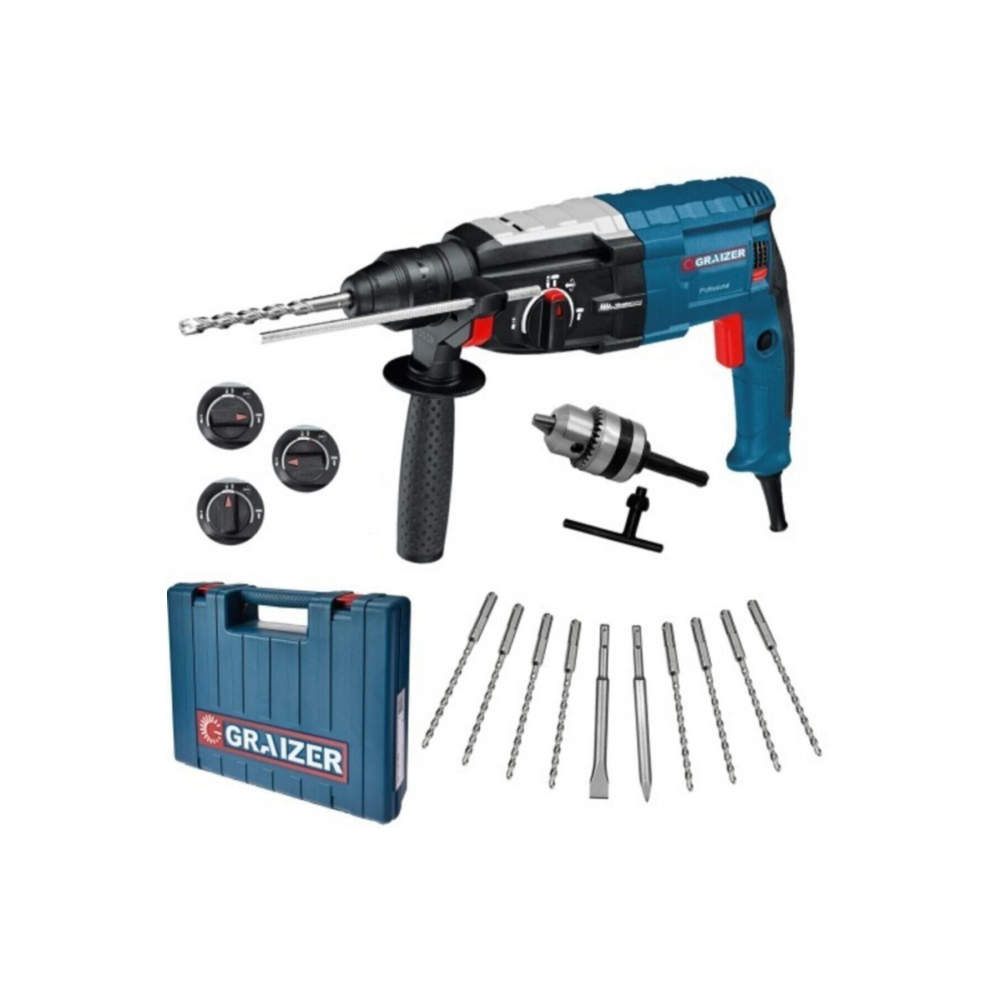 Alman 3000 Watt Kırıcı Delici Metal Dişli Şanzuman Hilti Darbeli Matkap + 10 Uç Hediyeli Gri