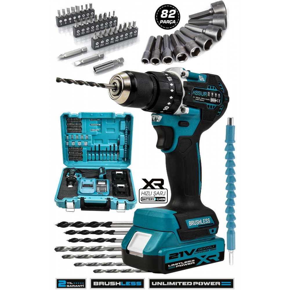 21v Çift Akü Kömürsüz Motor Çelik Mandren Darbeli Akülü Vidalama Şarjlı Matkap