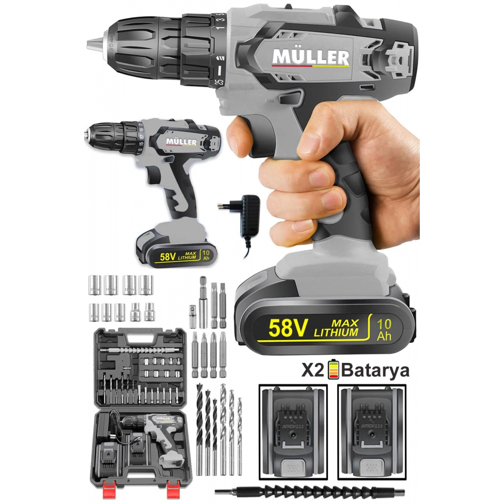 Germany 58 V 10 Ah Çelik Şanzuman Bakır Sargılı Çift Akülü Şarjlı Matkap Vidalama 27 Parça Set
