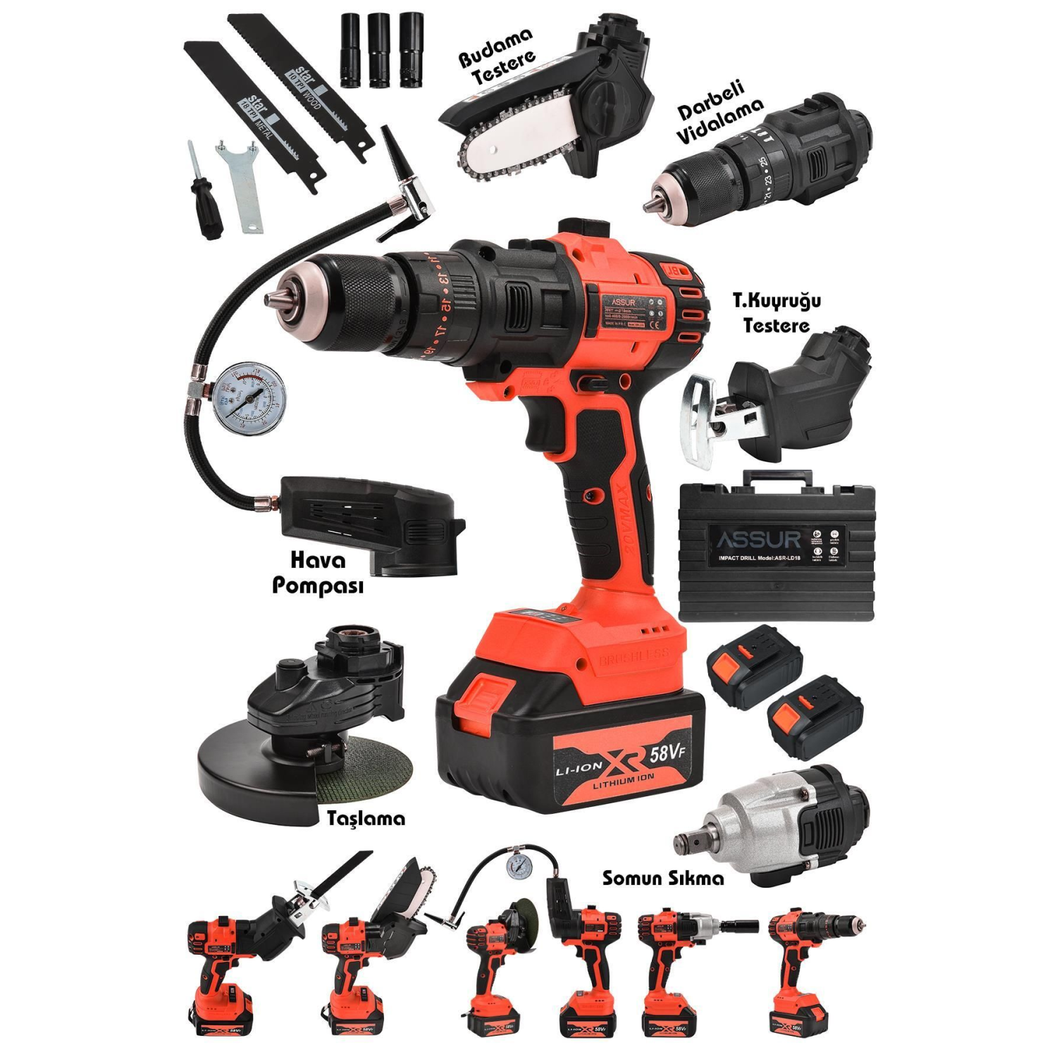 58 Vf Tek Gövde 6 Başlıklı Şarjlı Havalı Pompa Darbeli Matkap Somun Sıkma Budama Testeresi Tilki Kuy