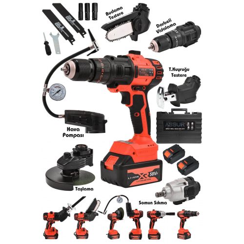 58 Vf Tek Gövde 6 Başlıklı Şarjlı Havalı Pompa Darbeli Matkap Somun Sıkma Budama Testeresi Tilki Kuy