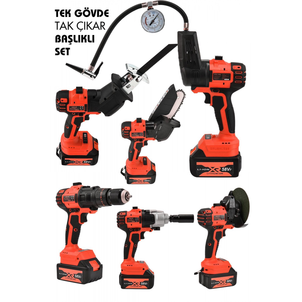 58 Vf Tek Gövde 6 Başlıklı Şarjlı Havalı Pompa Darbeli Matkap Somun Sıkma Budama Testeresi Tilki Kuy