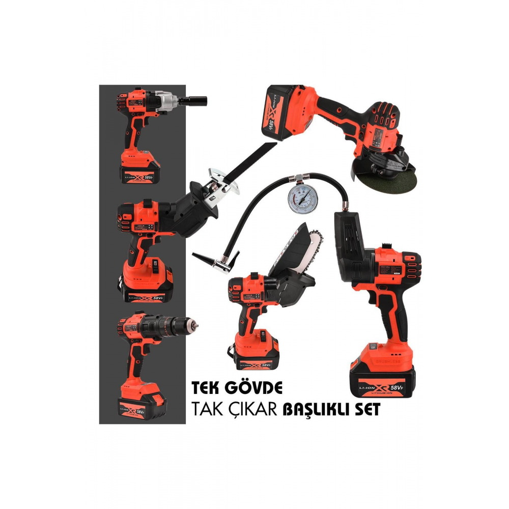 58 Vf Tek Gövde 6 Başlıklı Şarjlı Havalı Pompa Darbeli Matkap Somun Sıkma Budama Testeresi Tilki Kuy