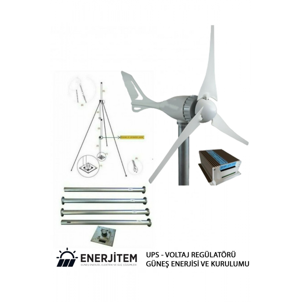 Set E-500 Rüzgar Türbini +Hibrit Şarj Kontrol Cihazı + Direk Seti ENERJİTEM