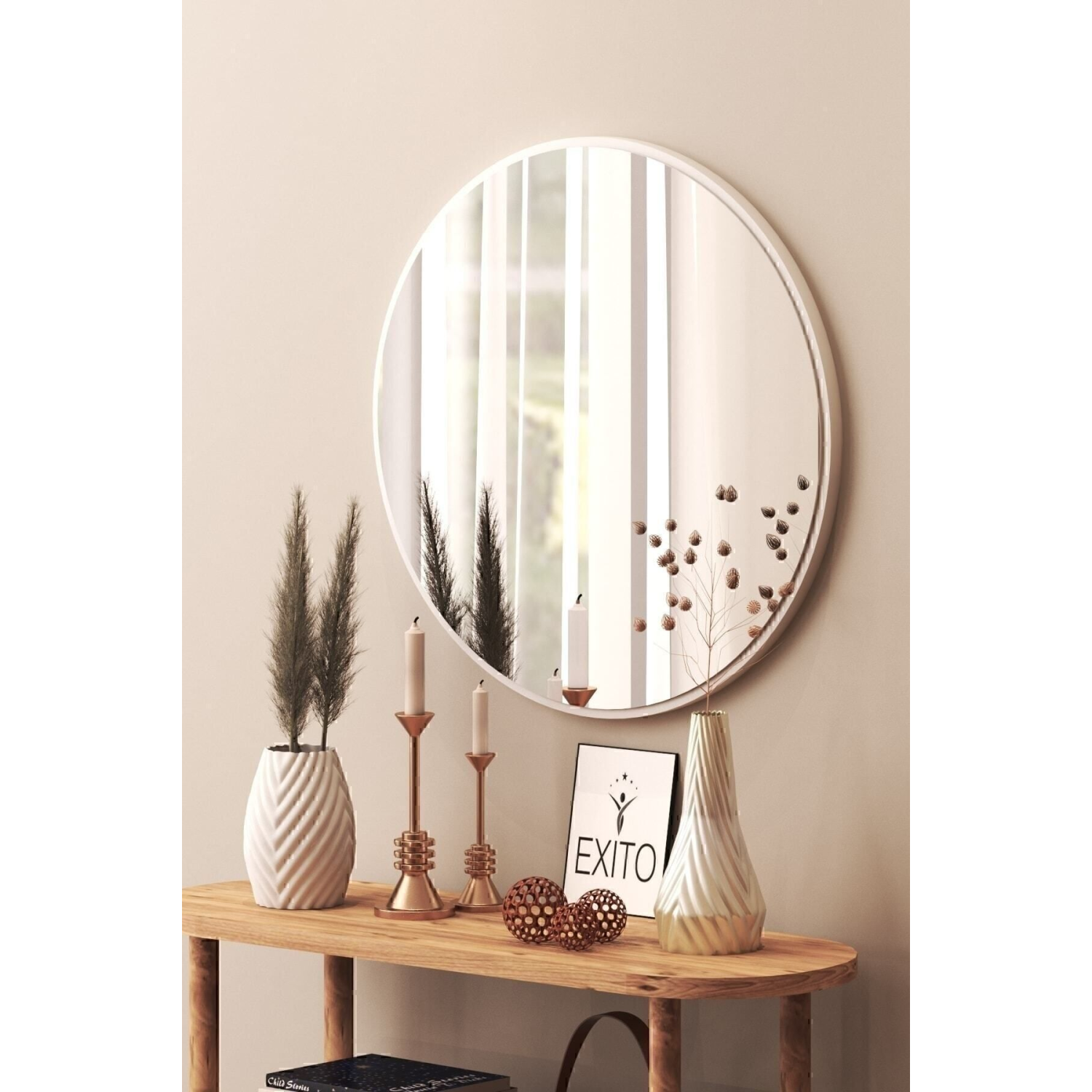 Beyaz Dekoratif Yuvarlak Antre Hol Koridor Duvar Aynası 60 cm