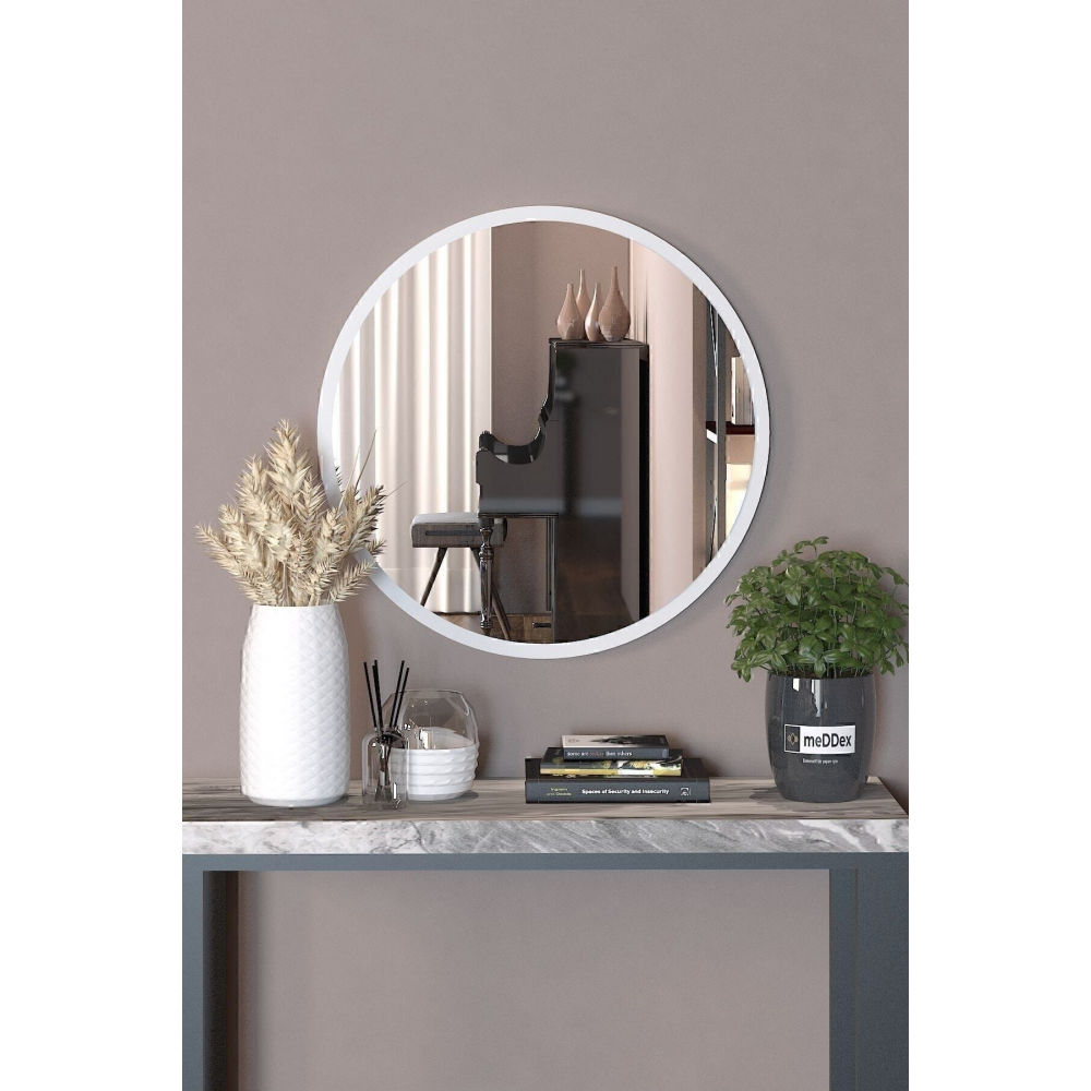 Beyaz Dekoratif Yuvarlak Büyük Antre  Duvar Aynası 45 Cm