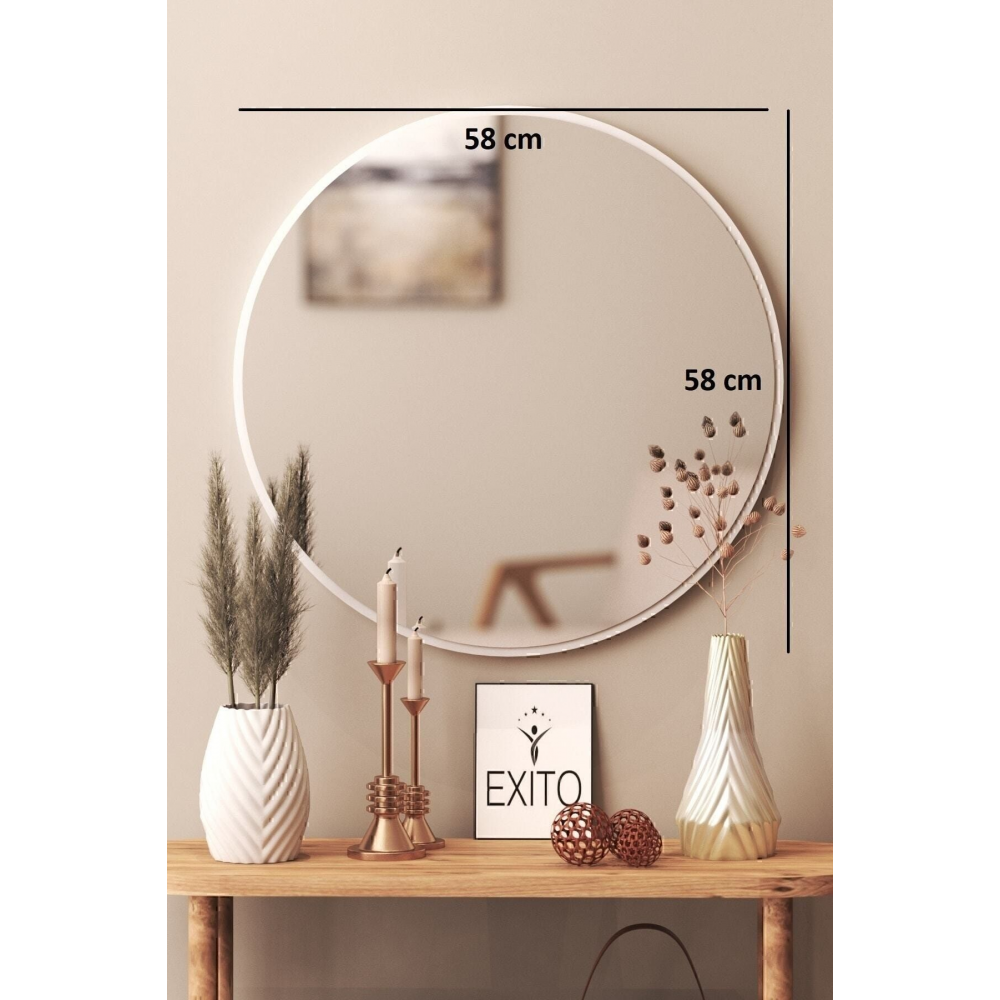 Beyaz Dekoratif Yuvarlak Büyük Antre  Duvar Aynası 45 Cm