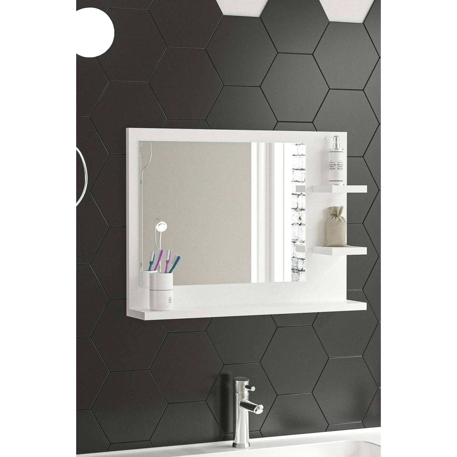 Genova 60x45cm Beyaz Raflı Banyo Aynası Dresuar Hol Koridor Duvar Salon Wc Ofis Yatak Odası Ayna