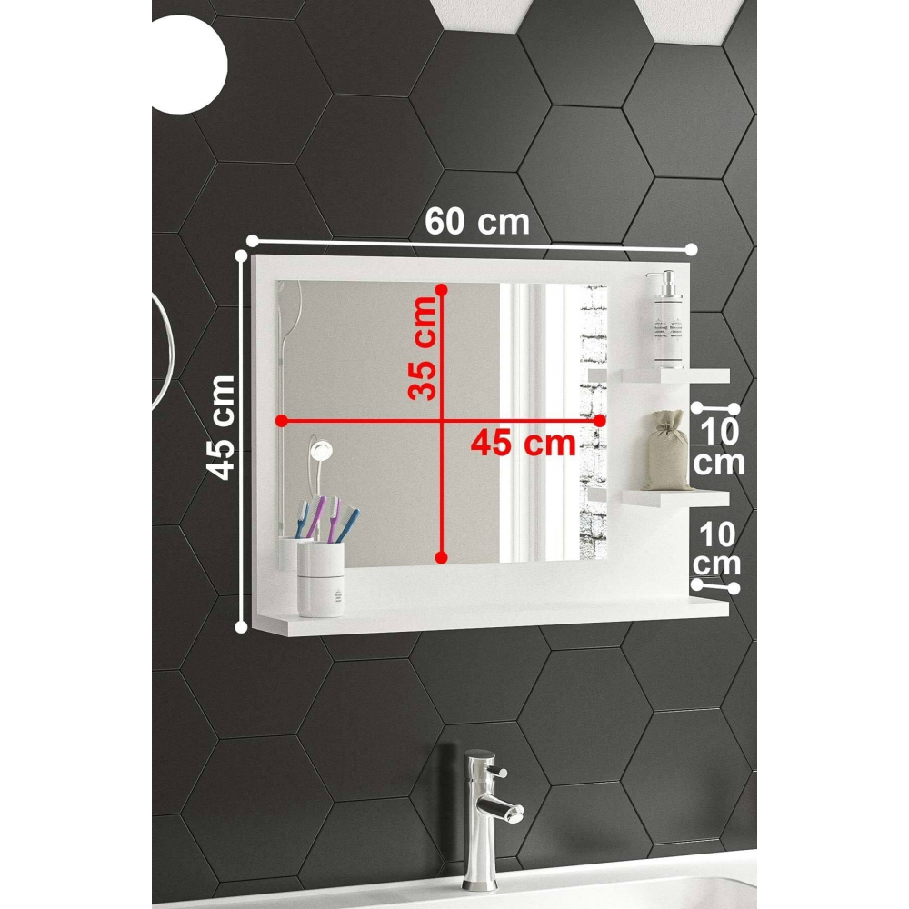 Genova 60x45cm Beyaz Raflı Banyo Aynası Dresuar Hol Koridor Duvar Salon Wc Ofis Yatak Odası Ayna