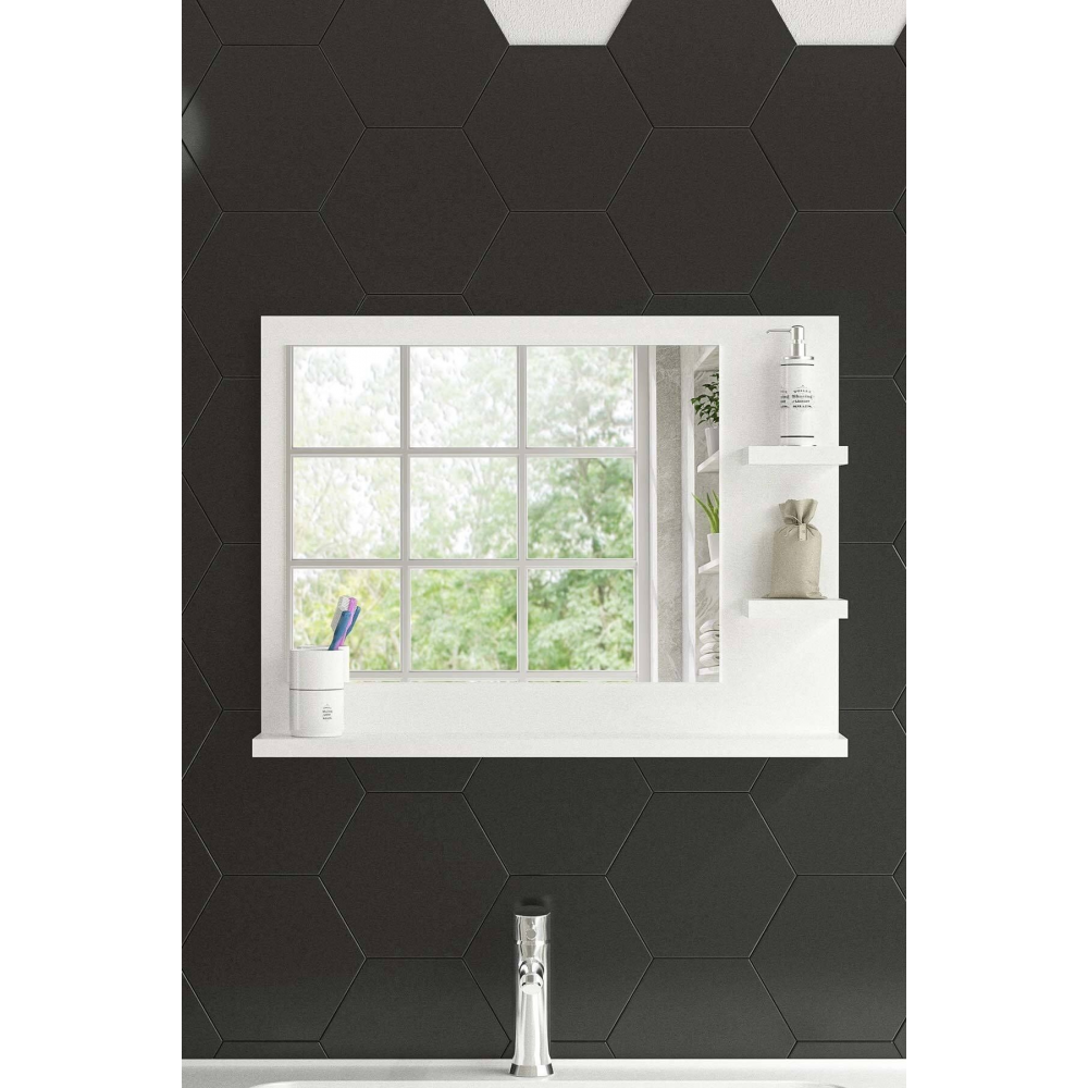 Genova 60x45cm Beyaz Raflı Banyo Aynası Dresuar Hol Koridor Duvar Salon Wc Ofis Yatak Odası Ayna