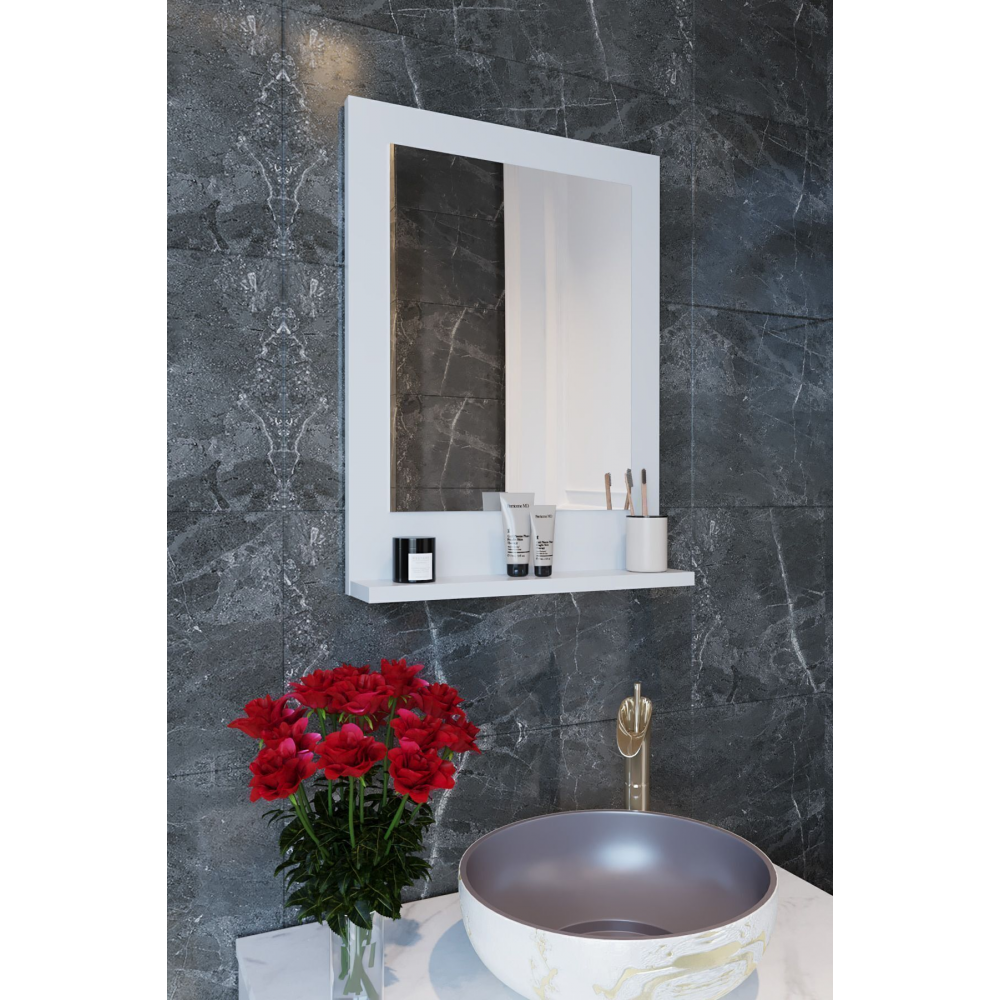 Safir Banyo Aynası, Dresuar,60x45 Beyaz Raflı Banyo Aynası