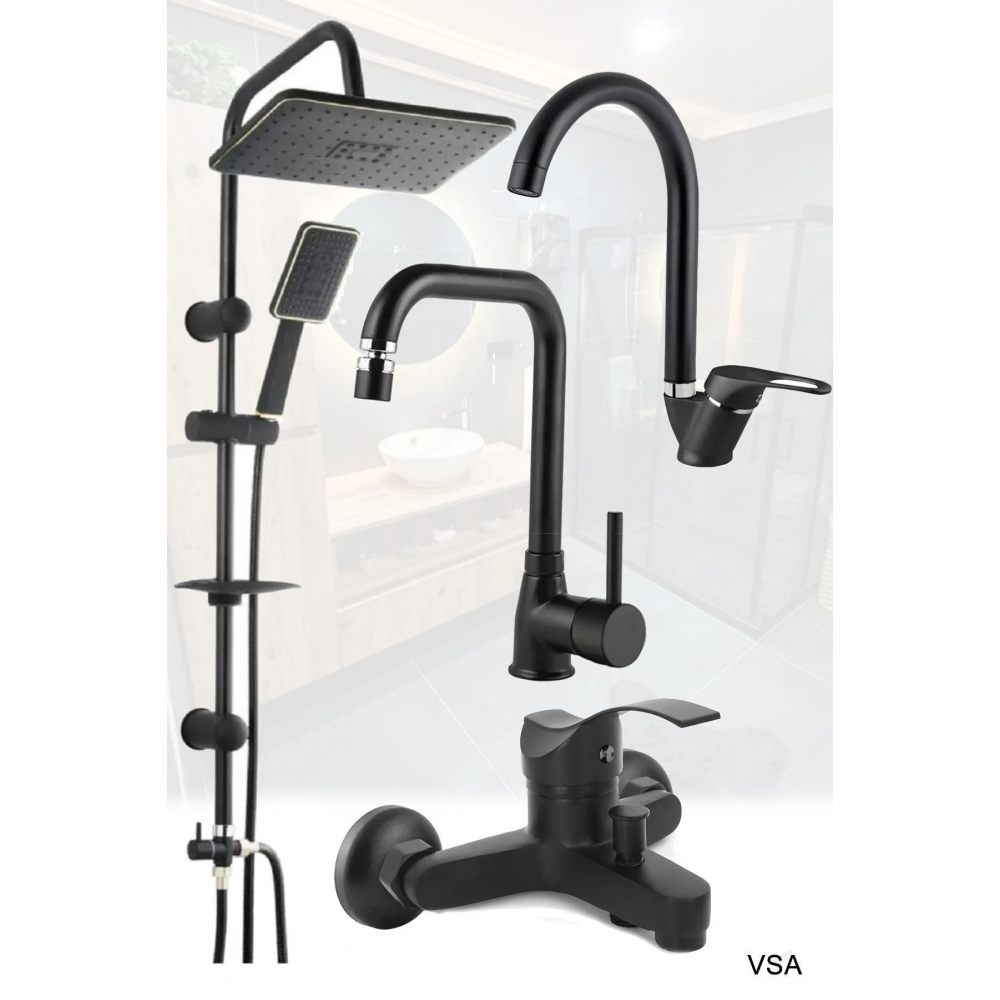Siyah Robot Siyah Tepe Yağmurlama Duş Seti Mutfak Banyo Lavabo Bataryası Set